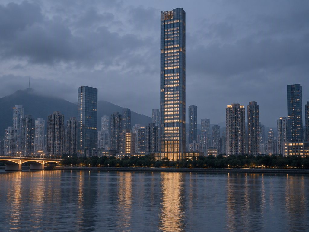 示意资料:黄昏中的玻璃塔楼效果图