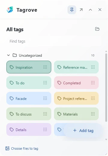 Floating tag palette with categorized tags and drag handles