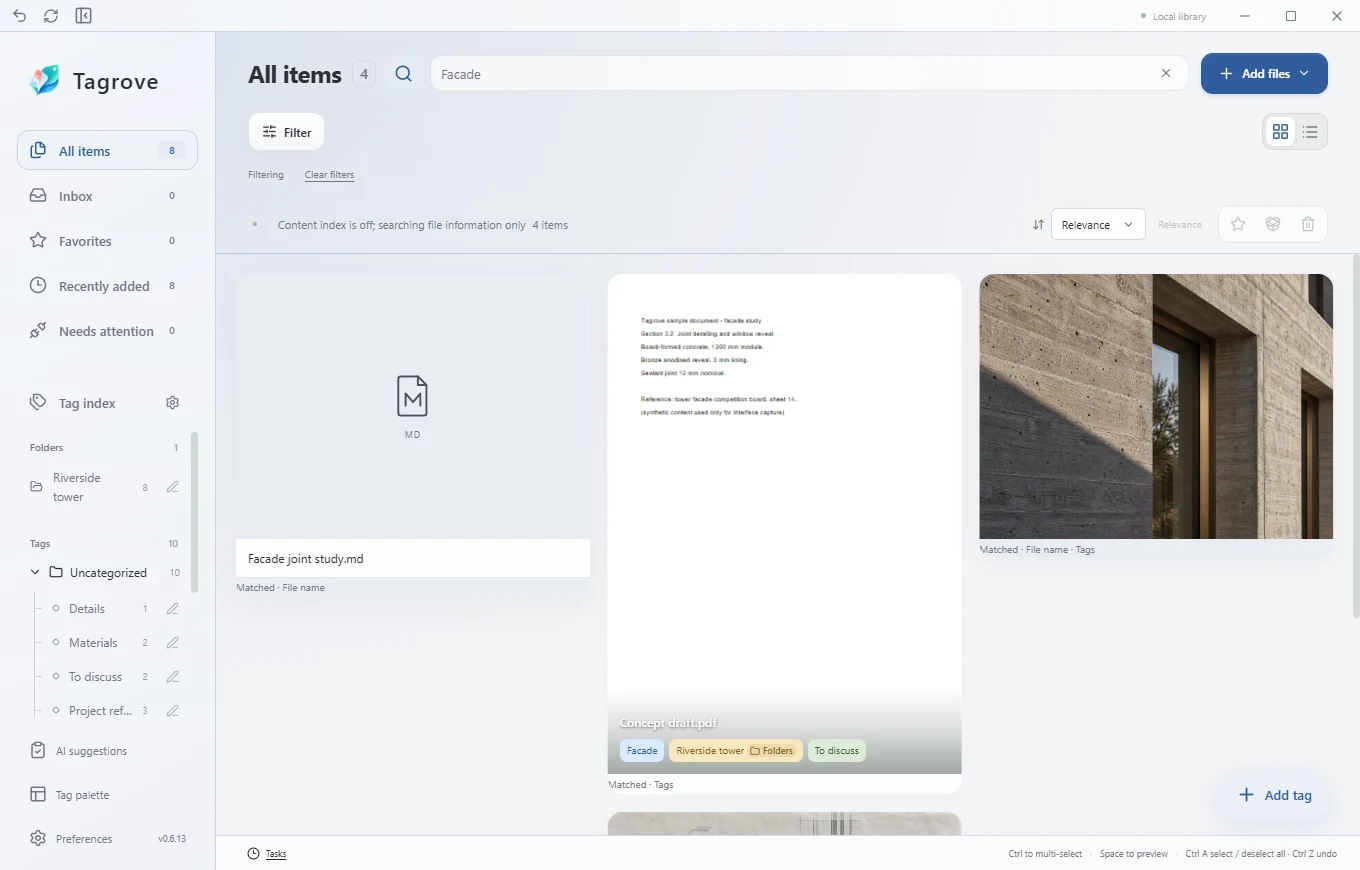 Search results showing which tags matched the query