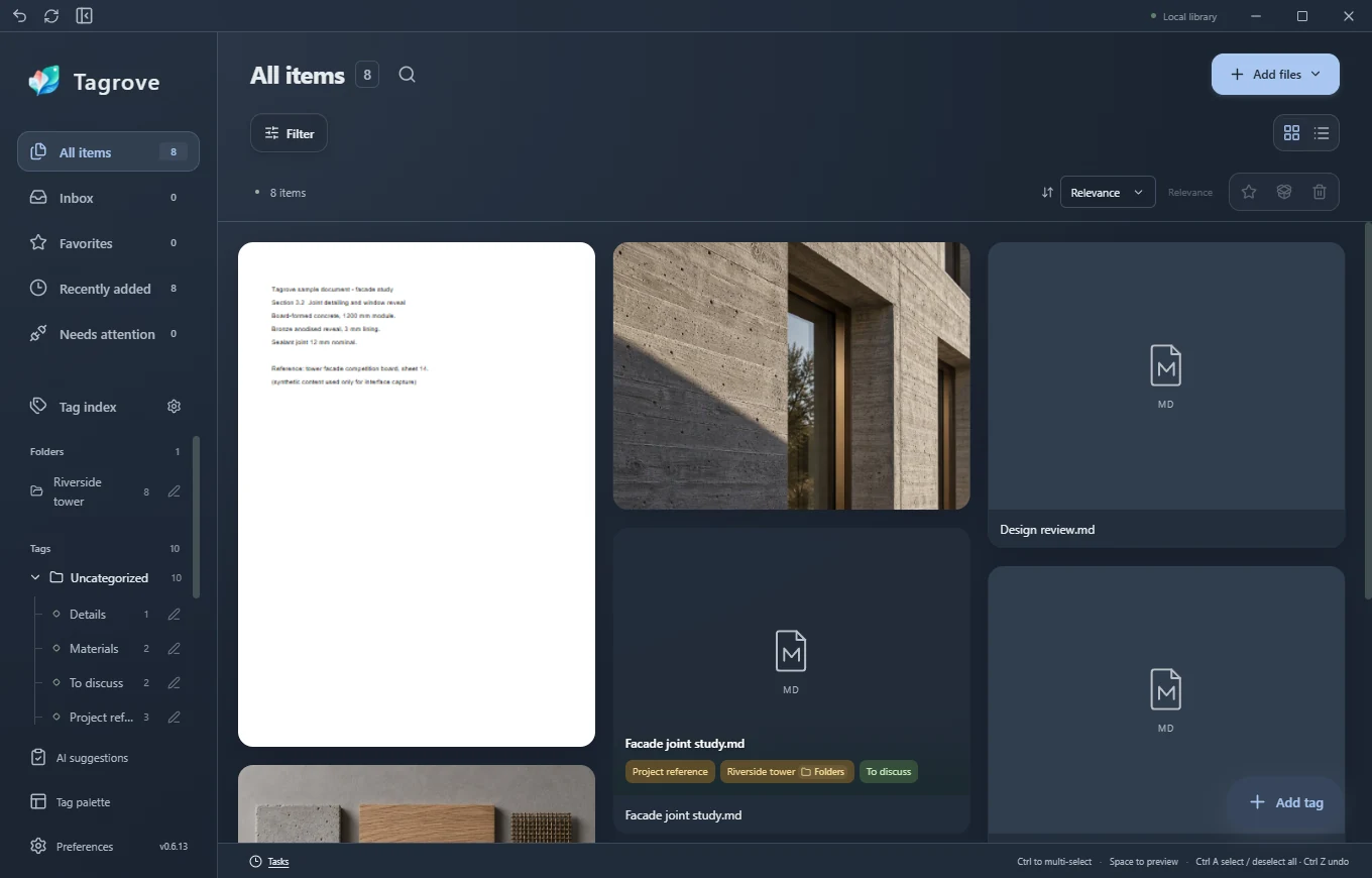 Actual Tagrove workspace in dark mode
