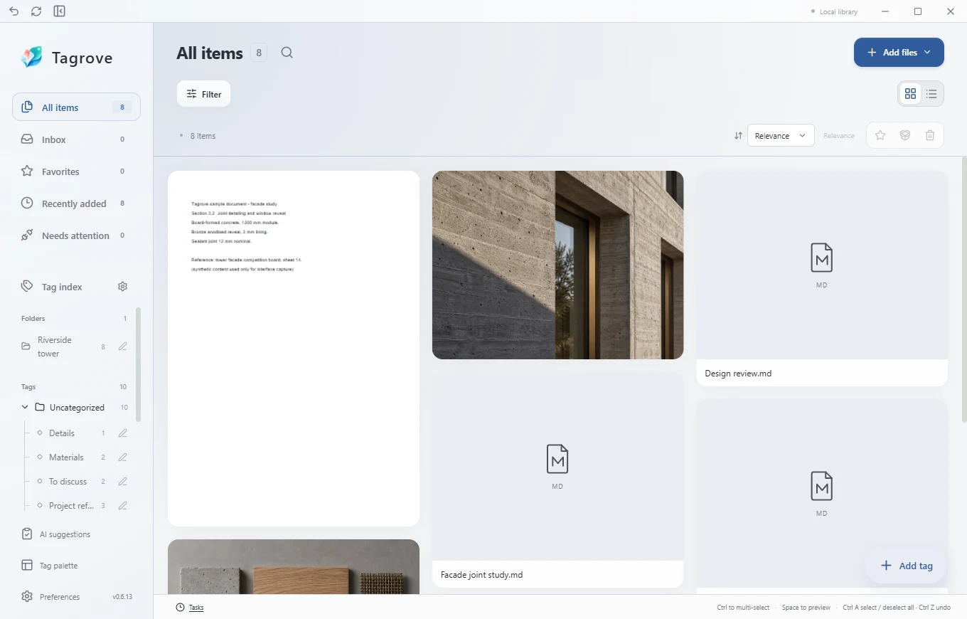 Tagrove workspace with images, documents and a tag index